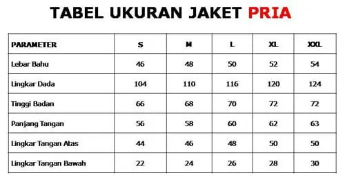 tabel ukuran jaket kulit pria